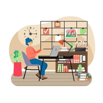 Modern office workplace with vision board. Happy girl working on computer Stock Illustration