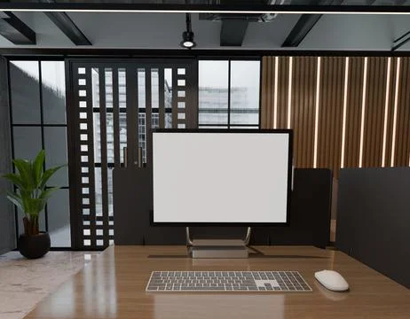 Modern office workspace with a blank computer screen Иллюстрация
