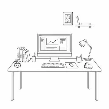 Modern office workspace with computer and desk accessories line art Silhouett Illustration