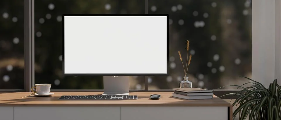 Modern office workspace with a computer mockup and accessories on a wooden .. Stock Illustration