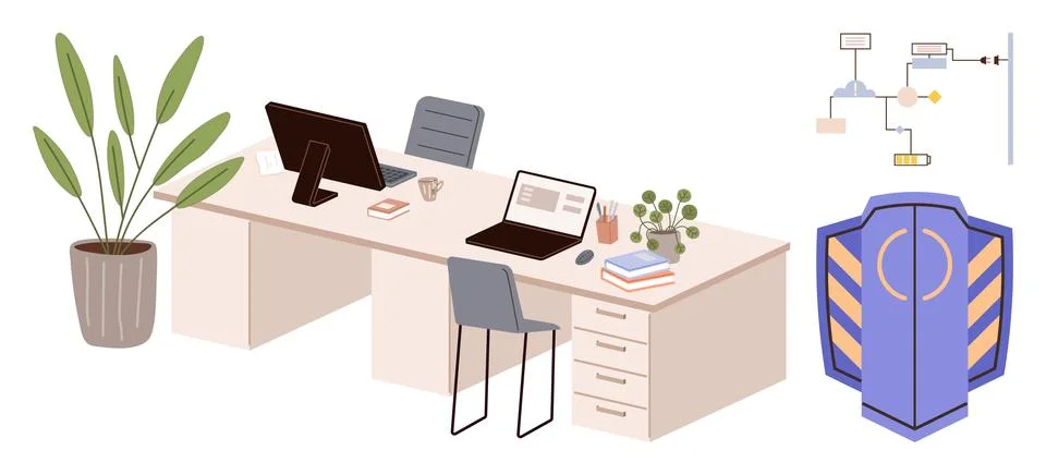 Modern Office Workspace with Computers, Flowchart, and Cybersecurity Shield Stock Illustration