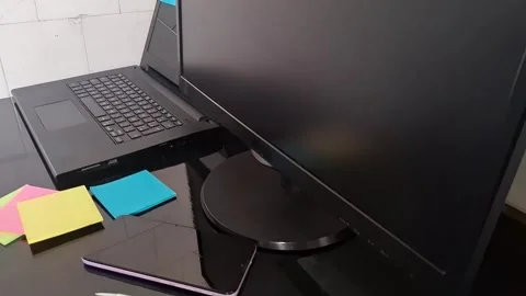 Modern office workspace desk setup with computer screen video animation clip Stock Footage 340038069