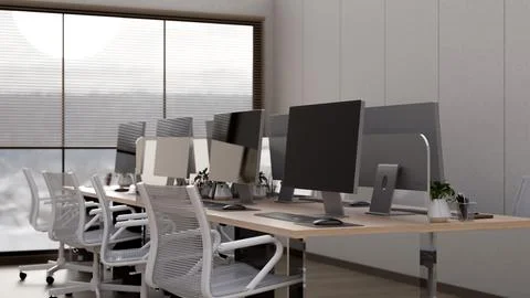 Modern office workspace with desktop computers and ergonomic chairs Illustration