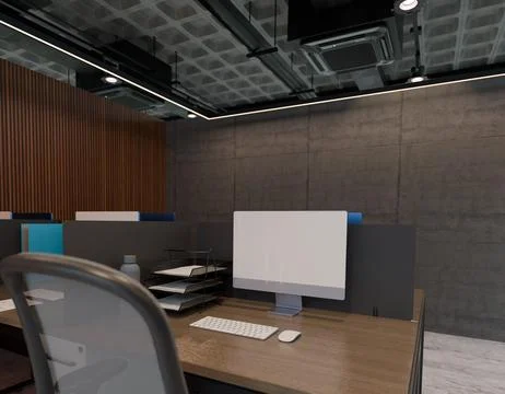 Modern office workspace with exposed concrete walls and wooden paneling Stock Illustration