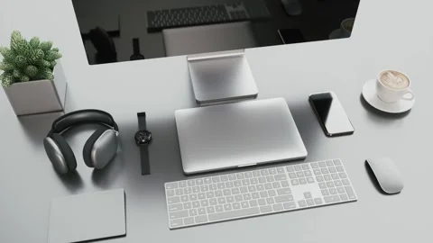Modern Office Workspace Flat Lay with Computer Stock Footage 334778201