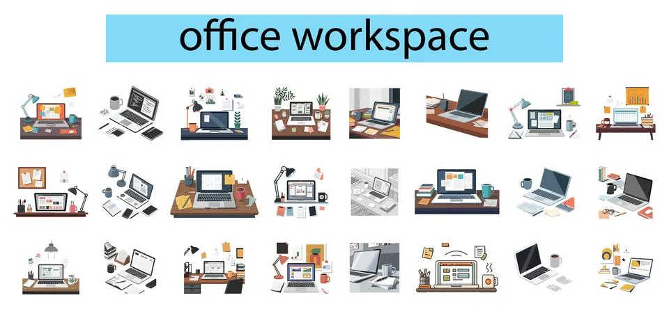 Modern office workspace vector illustration, laptop, coffee mug, notes Illustrazione stock