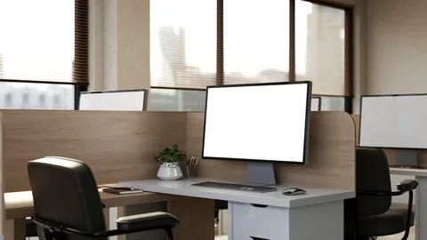 Modern office workstation with blank computer screen mockup Stock-Illustration