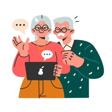 Modern old characters using internet and computer. Seniors confidently Stock Illustration