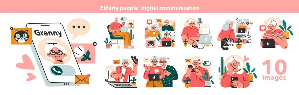 Modern old characters using internet, phone and computer set 스톡 일러스트