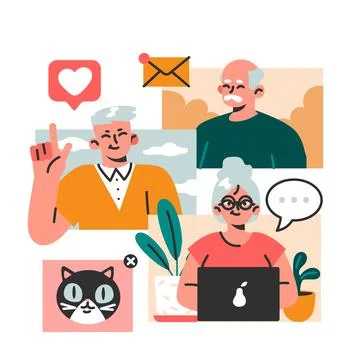 Modern old characters using internet and computer. Seniors confidently イラスト素材