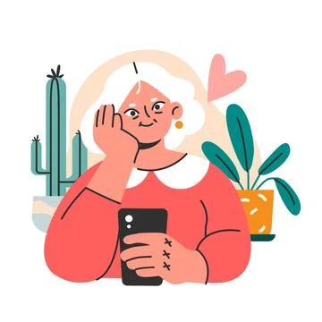 Modern old female character using internet and mobile phone. Person Stock Illustration