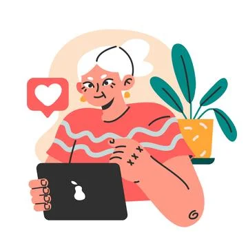 Modern old female character using internet, mobile phone and computer イラスト素材