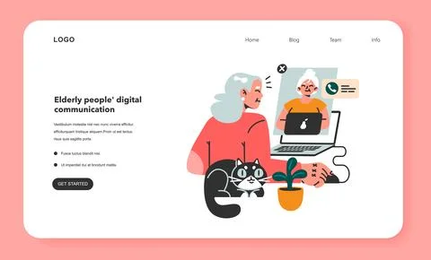 Modern old female character using internet and computer web Stock Illustration