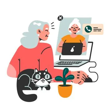 Modern old female character using internet, mobile phone and computer Stock Illustration