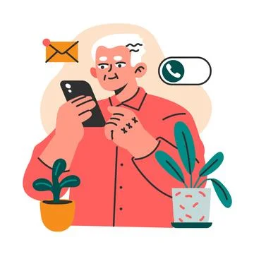 Modern old male character using internet, mobile phone and computer Stock Illustration
