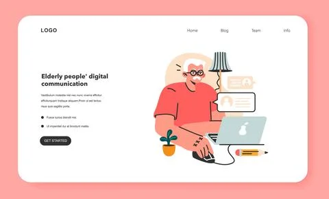 Modern old male character using internet and laptop computer Illustrazione stock