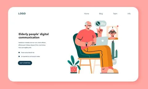Modern old male character using internet and laptop computer Stock Illustration
