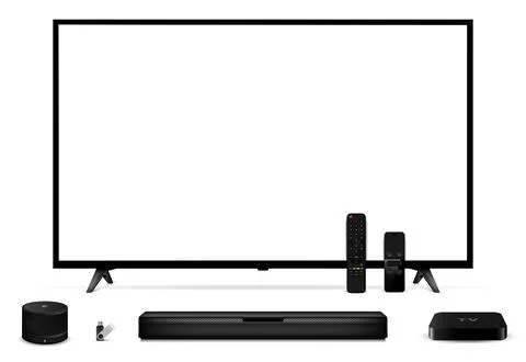 Modern oled tv with remote control, sound bar, tv set-top box, smart speake.. Stock Illustration