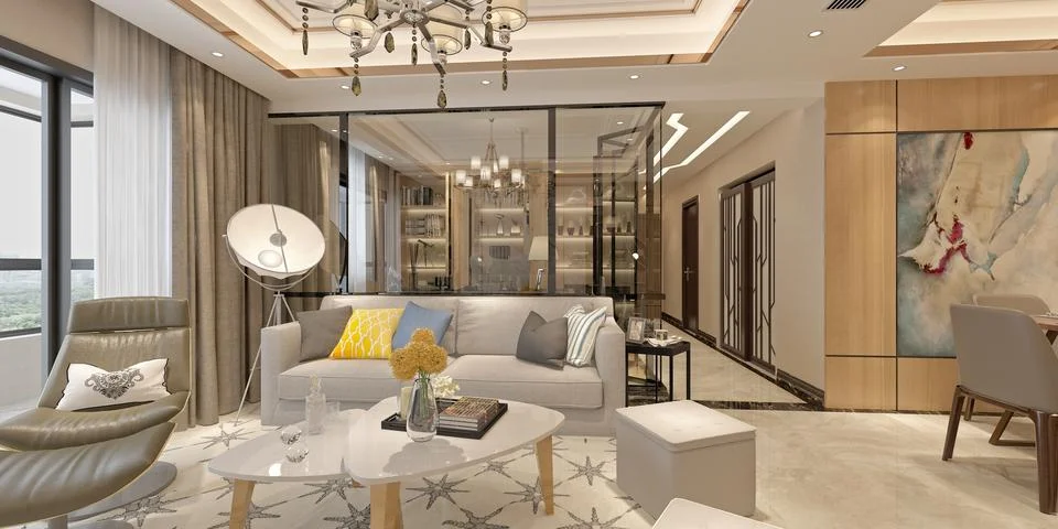 Modern Open-Concept Kitchen and Living Room Interior – 3D Render 스톡 일러스트