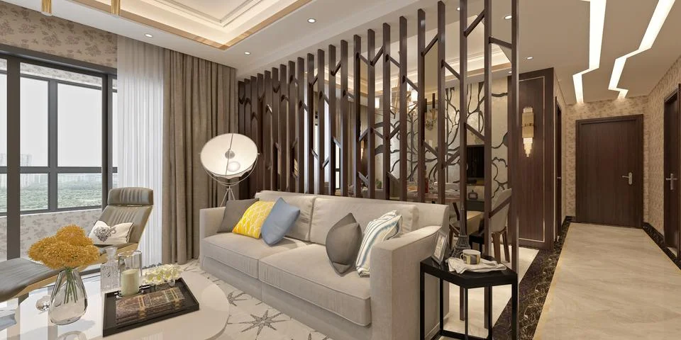Modern Open-Concept Kitchen and Living Room Interior – 3D Render Illustrazione stock