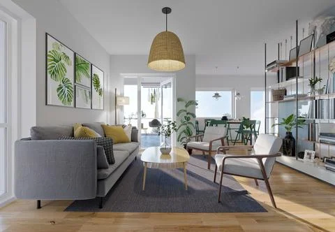 Modern Open-Concept Kitchen and Living Room Interior – 3D Render Stock Illustration