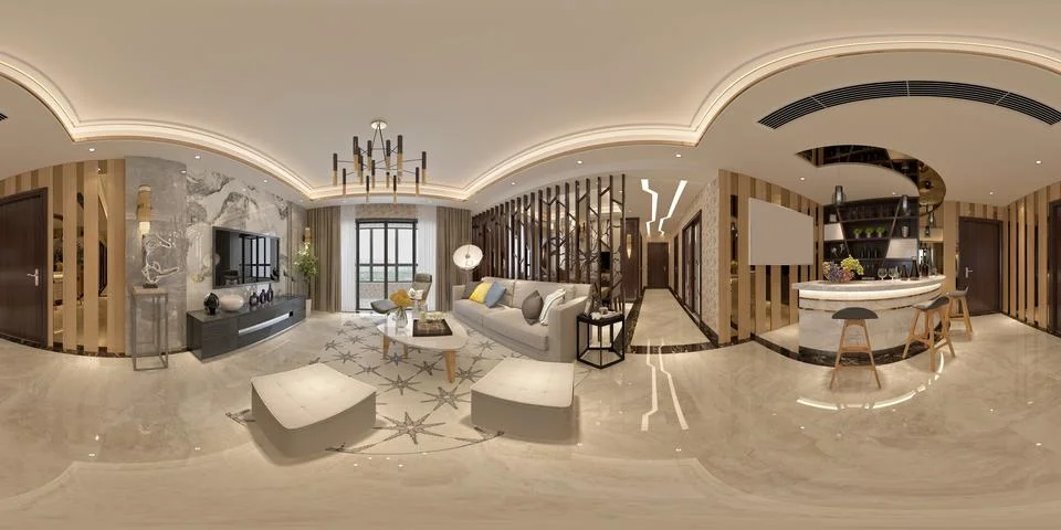 Modern Open-Concept Kitchen and Living Room Interior – 3D Render Stock Illustration