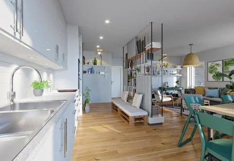 Modern Open-Concept Kitchen and Living Room Interior – 3D Render Stock Illustration