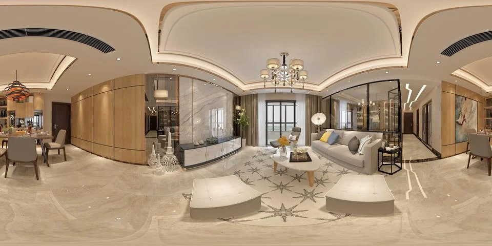 Modern Open-Concept Kitchen and Living Room Interior – 3D Render Stock Illustration
