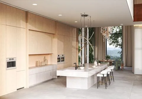 Modern open concept kitchen designed with natural elements for a welcoming Stock Illustration