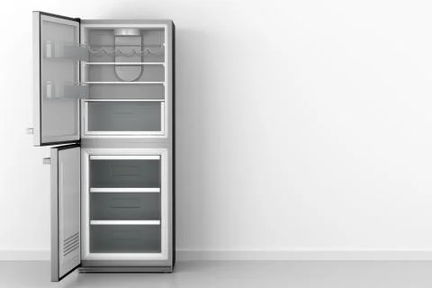 Modern open empty fridge in front of white wall. 3d illustration Illustrazione stock