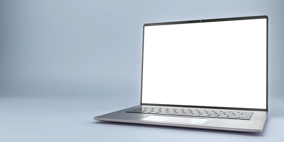 Modern open laptop computer blank screen angled view light background tech in Illustrazione stock