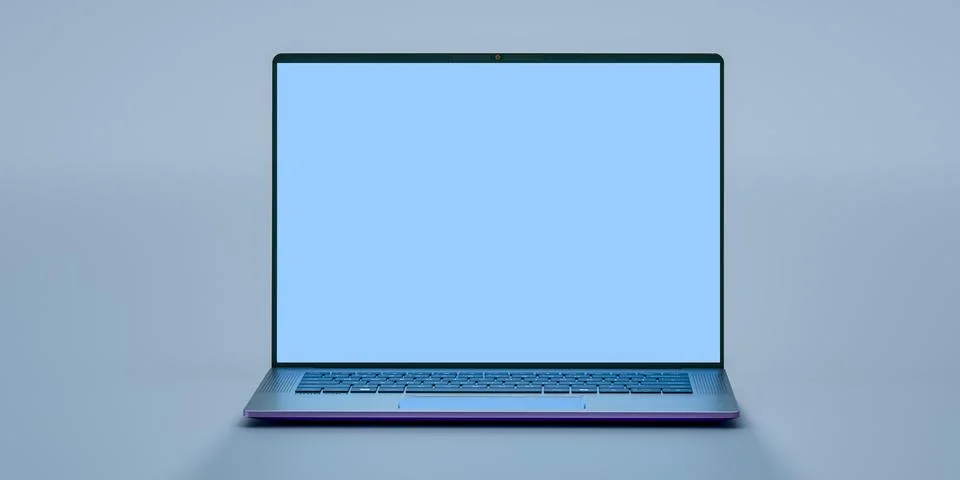 Modern open laptop computer blank screen front view isolated light blue bac.. Illustrazione stock