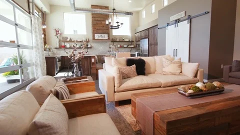 Modern Open Living Space with Kitchen Lower Left Angle Stock Footage 76256067