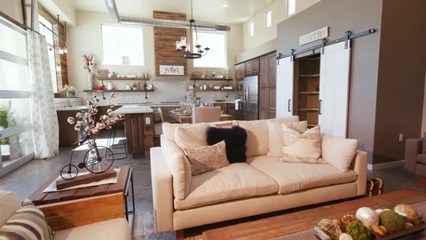 Modern Open Living Space with Kitchen Rising Left Angle Stock Footage 76270319