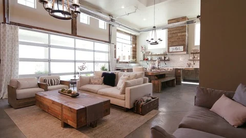 Modern Open Living Space with Kitchen Rising Right Angle Stock Footage 76270361