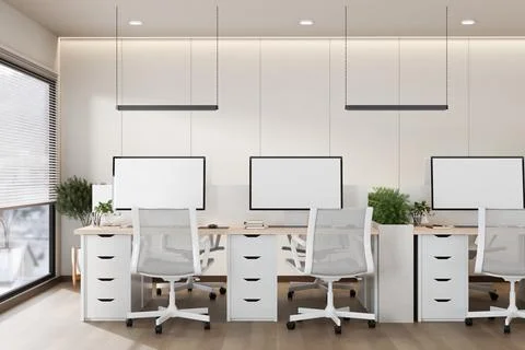 Modern open office workspace with desktop computers 스톡 일러스트