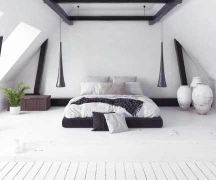 Modern open-plan apartment in attic, scandinavian style, 3d render Stock Illustration