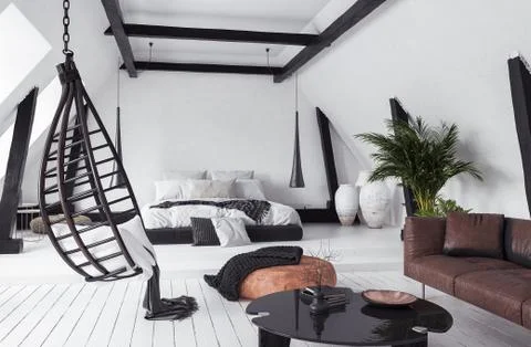 Modern open-plan apartment in attic, scandinavian style, 3d render Stock Illustration