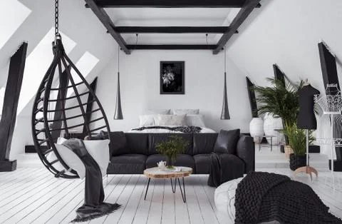 Modern open-plan apartment in attic, scandinavian style, 3d render Stock Illustration