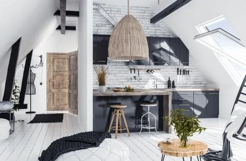 Modern open-plan apartment in attic, loft style, 3d render Stock Illustration
