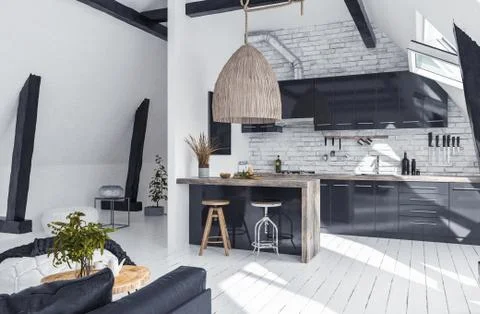 Modern open-plan apartment in attic, scandinavian style, 3d render Stock Illustration
