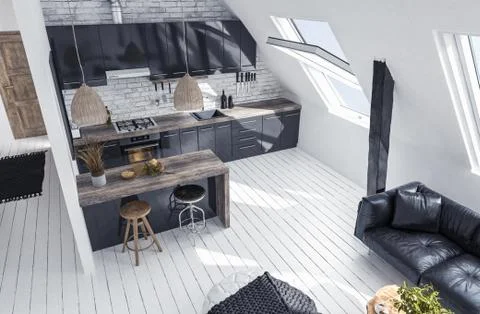 Modern open-plan apartment in attic, scandinavian style, 3d render Stock Illustration