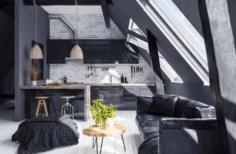 Modern open-plan apartment in attic, loft style, 3d render Stock Illustration