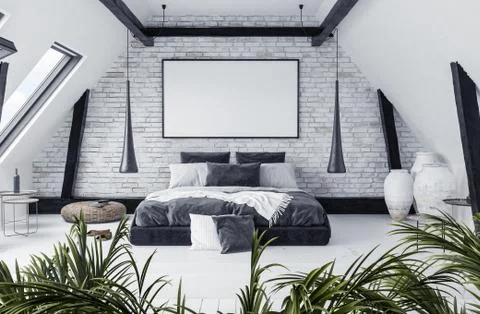 Modern open-plan apartment in attic, scandinavian style, 3d render Stock Illustration
