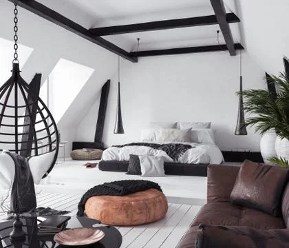 Modern open-plan apartment in attic, loft style, 3d render Stock Illustration