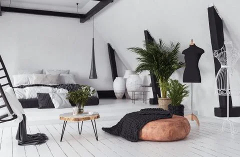 Modern open-plan apartment in attic, loft style, 3d render Stock Illustration