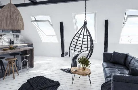 Modern open-plan apartment in attic, loft style, 3d render Stock Illustration