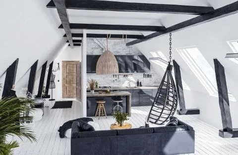 Modern open-plan apartment in attic, loft style, 3d render Stock Illustration