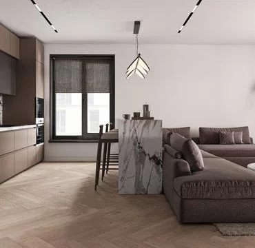 Modern open plan living space with integrated kitchen, featuring a marble island 스톡 일러스트