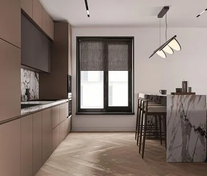 Modern open plan living space with integrated kitchen, featuring a marble island 스톡 일러스트